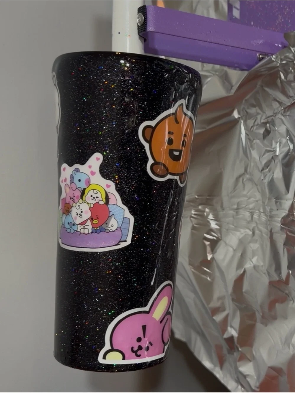 Black Glitter Ceramic Tumbler with Cute Character Stickers K-pop inspired